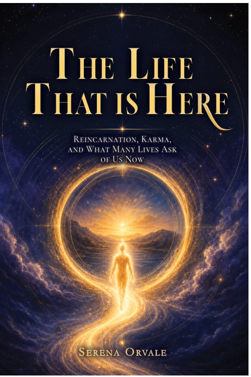 The Life That Is Here by Serena Orvale. A luminous figure follows a golden path toward a sunlit landscape framed by a ring of stars.